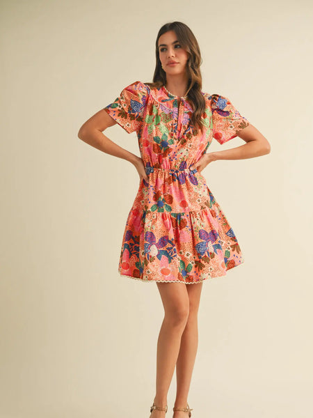 Print Lace Trim Tiered Mini Dress