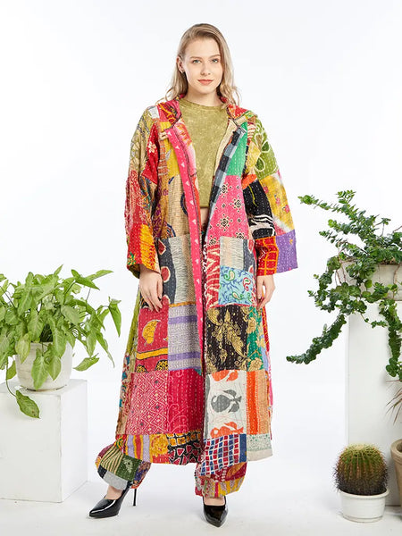 Kantha print long sleeve maxi jacket hoodie – Wild Rose Artisans