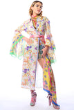 Floral print button -up duster with sequin embroidered mesh back